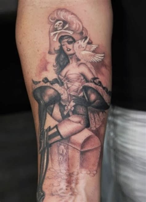 Sexy Black White Pirate Chest Arm Tattoo Design For Women