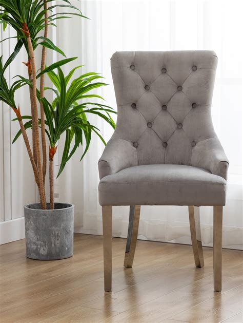 High Back Velvet Gray Tufted Upholstered Dining Chairs With Stainless