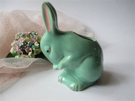 Sweet Vintage Aqua Pink Ceramic Bunny Planter Ceramic Bunny Pink