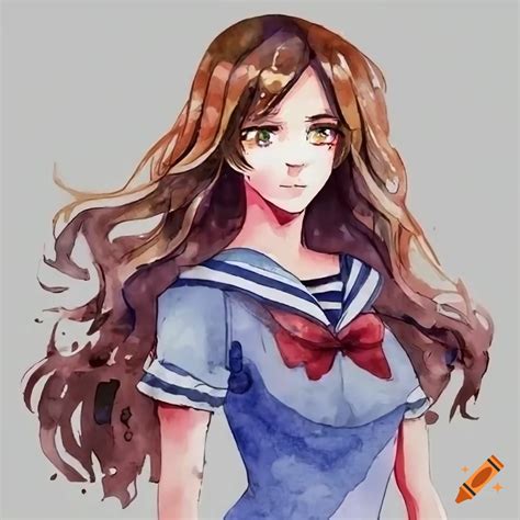 Hetalia Anime Female Character With Long Wavy Brown Hair Brown Eyes Wearing A Sailor Uniform