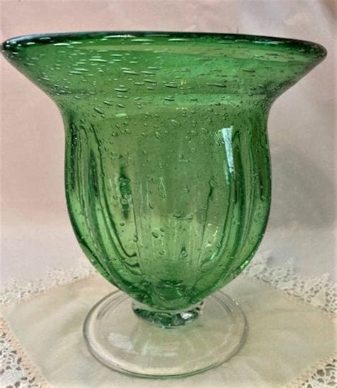 Vintage Hand Blown Bubble Green Glass Pedestal Vase Etsy Pedestal Vase Green Glass Hand Blown