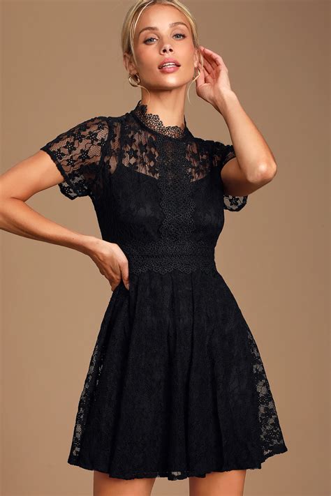 Lovely Black Lace Dress Mock Neck Mini Dress Skater Dress Burgundy
