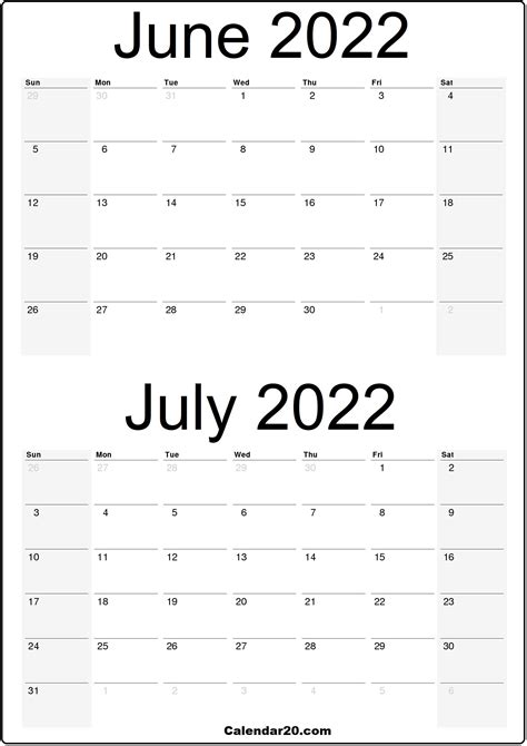 June 2022 July 2022 Printable Calendar