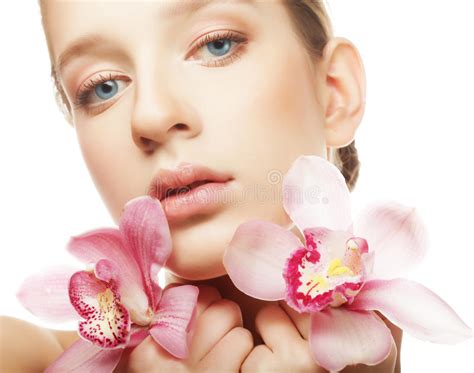 Beautiful Woman With A Orchid Flowers Stock Image Image Of Girl