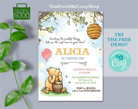 Editable Winnie The Pooh Invitation Winnie The Pooh Birthday Etsy