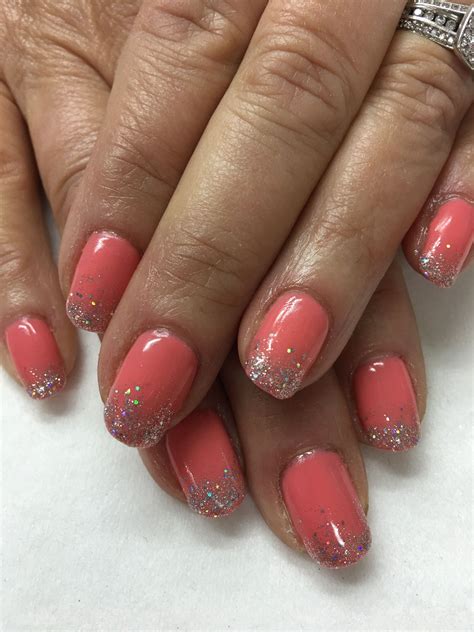 Spring Coral Pink Ombré Glitter Gel Nails Glitter Gel Nails Glitter