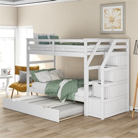 Twin Over Twin Bunk Bed Wood Twin Bunk Bed With Stairway Trundle And 3 Storage Drawers White