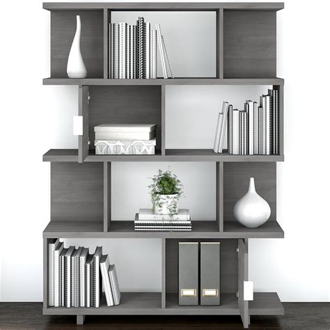 Madison Avenue Etagere Bookcase With Doors In Modern Gray Engineered