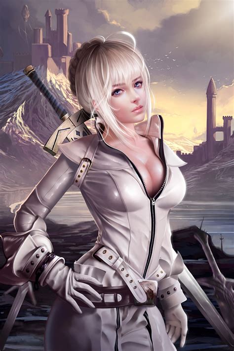 Cosplay Blonde Blue Eyes Boobs Big Boobs Women Women With Swords