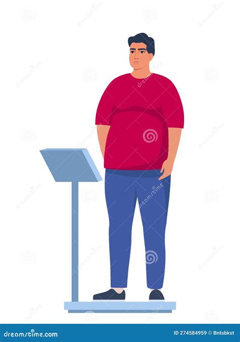 Fat Obese Man Standing On Weigh Scales Oversize Fatty Boy Obesity