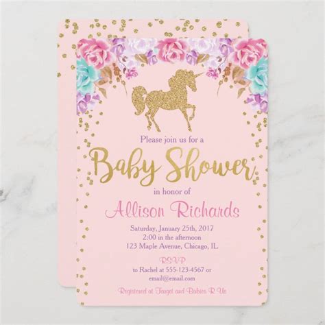 Pink And Gold Unicorn Baby Shower Invitation Zazzle