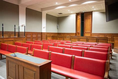 Courtroom Interior Court With Red Benches For Defense And Spectator In