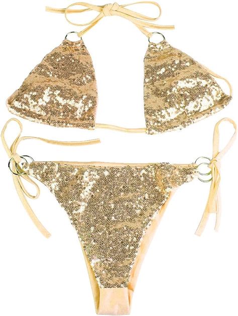 Women S Sparkle Swimsuit 2 Pieces Shiny Sequin Sexy Beachwear Halter Triangle Glitter Bikini Set