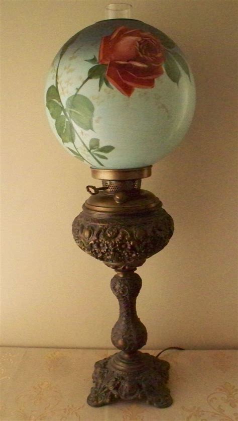Antique Brass Banquet Lamp Or Stick Lamp Hand Painted Roses Gwtw Globe Globe Lamps Victorian