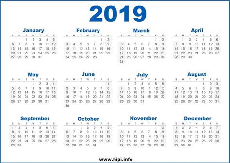 2019 Calendar Printable Free One Page Free Download