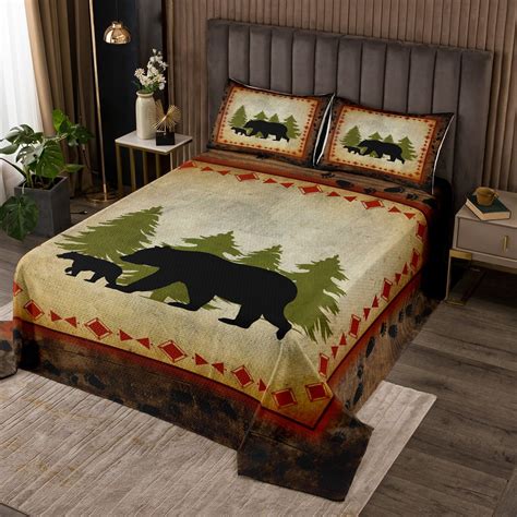 Bear Quilt Set Queen Size Rustic Farmhouse Bear Bedspread Set Wild Bear