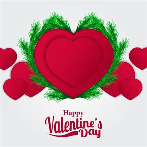 Happy Valentines Day Card With Red Hearts And Fir Branches