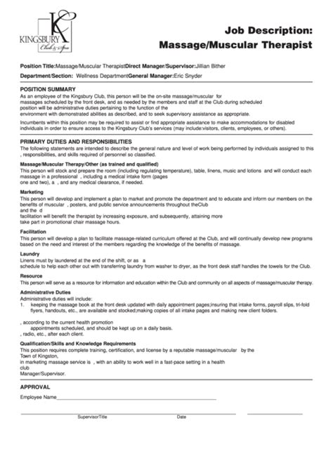 Job Description Massagemuscular Therapist Printable Pdf Download