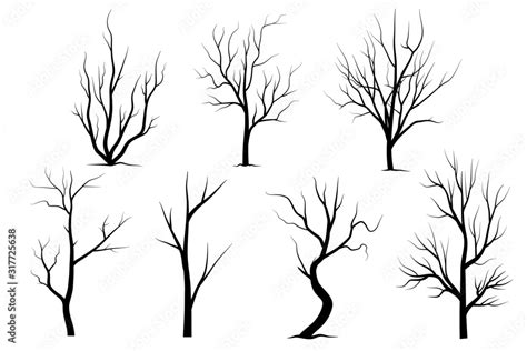 Black Branch Tree Or Naked Trees Silhouettes Set Hand Drawn Isolated