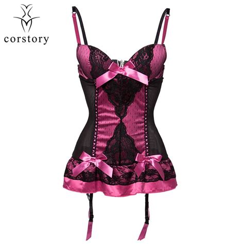 Aliexpress Com Buy Corstory Pink Satin Black Mesh Lace Push Up Bustier With Sling Bows