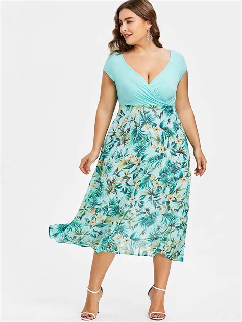 Gamiss Women Plus Size 5xl Tropical Floral Print V Neck A Line Midi Holiday Dress Casual Short