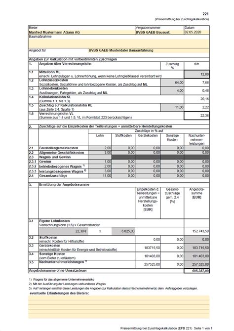 Formblättern 2oder 2übereinstimmt, hat der bieter dies offenzulegen. gaeb-online: Excel EFB 221 und 223 für GAEB-Online 2021