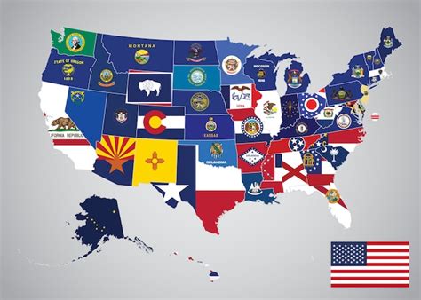 Mapa De Estados Unidos Con Estados Y Bandera De La Capital Vector Premium