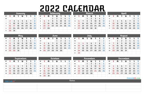 2022 Year Calendar Printable Landscape Pdf Image