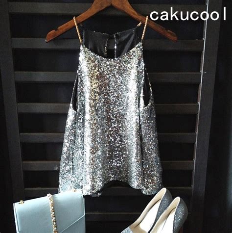 Cakucool Women Summer Tops Shiny Tanks Metal Chain Sleeveless Camis Party Shimmer All Sequins