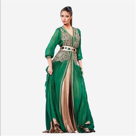 Sexy V Neck Long Sleeve Green Chiffon Beaded Lace Arabic Abaya Islamic