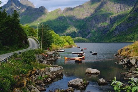 Norway Mountains Lake Roads Boats Stones Scenery Nordland
