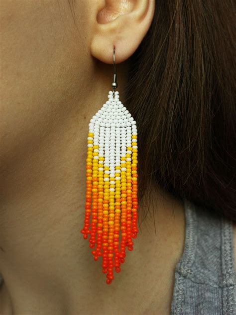 Orange Beaded Earrings Long Seed Bead Ombre Fringe Earrings Modern