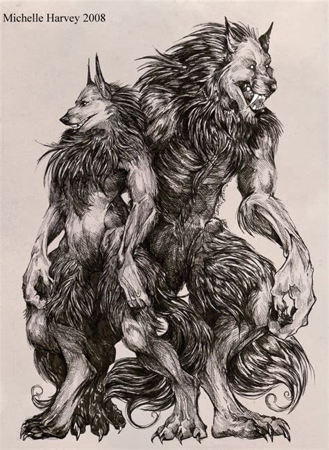 An Ink Drawing Of Two Furry Animals Standing Next To Each Other