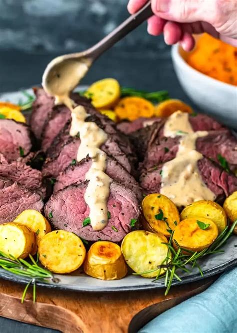 Our table almost always includes bread like biscuits or rolls for soaking up roast juices, but it also needs a. drizzling brand peppercorn sauce over beef tenderloin ...