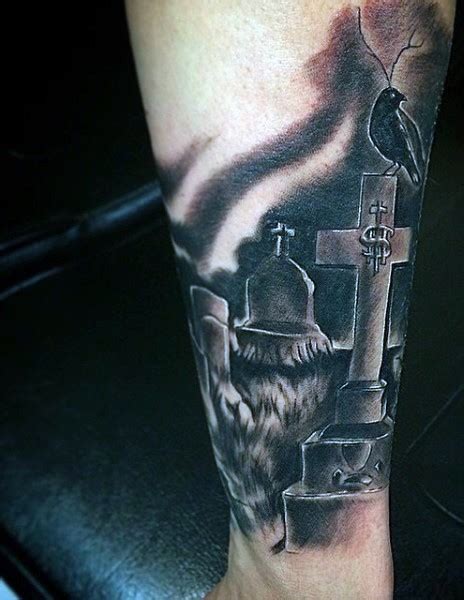 creepy black ink forearm tattoo dark cemetery with crow tattooimages