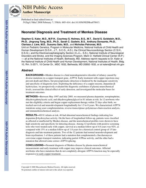 Pdf Neonatal Diagnosis And Treatment Of Menkes Disease