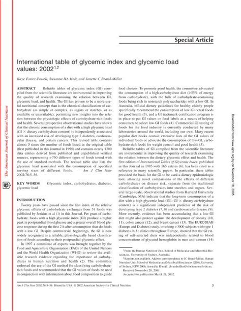 International Table Of Glycemic Index And Glycemic Load Values