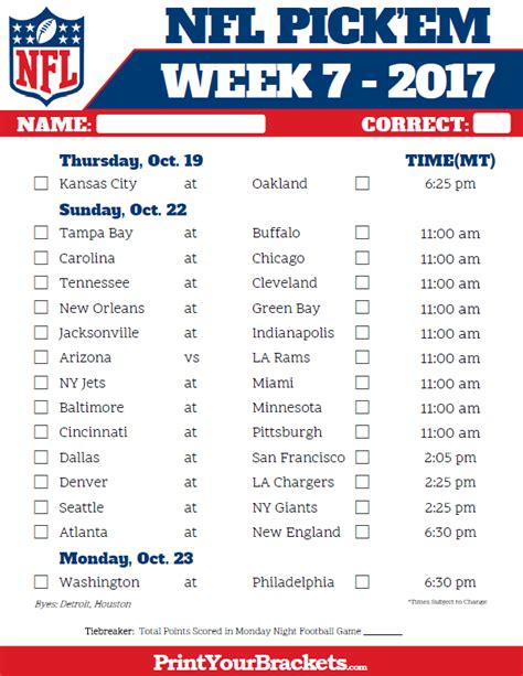 Nfl Week 7 Printable Schedule Portal Tutorials