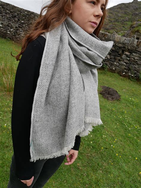 Irish Tweed Shawloversized Scarf Stole Grey Herringbone 100 Wool