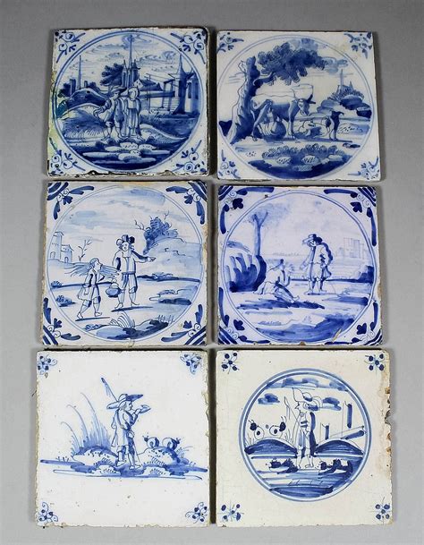 Six 18th Century Dutch Blue And White Delft Tiles With Figur