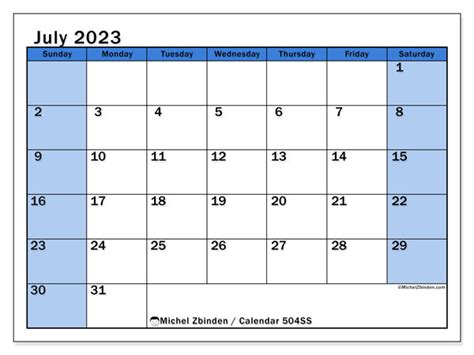 July 2023 Printable Calendar “504ss” Michel Zbinden Uk