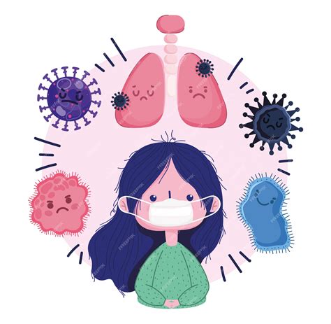 Virus Covid 19 Pandemia Niña Máscara Pulmones Dibujos Animados