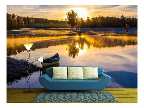 Wall26 Sunrise Over The Lake With A Boat Removable Wall Mural