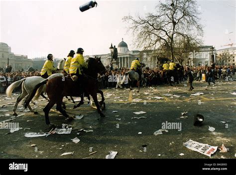 Mounted Police Charge Down Rioters Demonstrating Against The Poll Tax