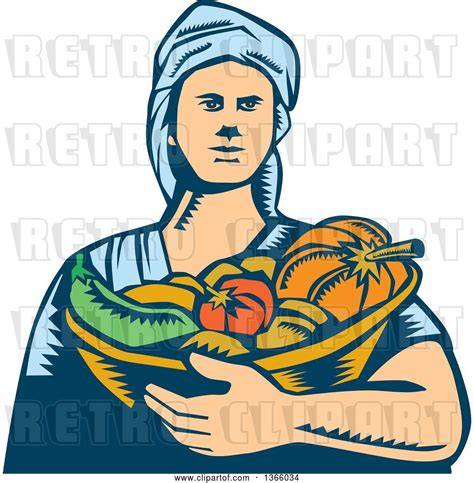 Vector Clip Art Of Retro Woodcut White Female Farmer Holding A Basket