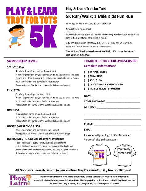Sponsor Form For Play And Learns 5k And Kids Fun Run Race