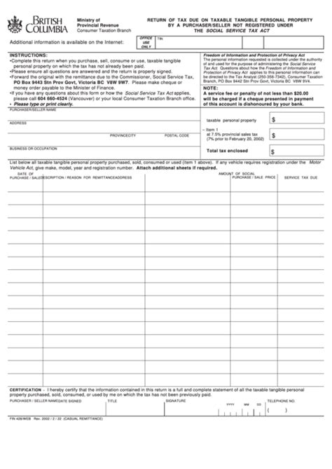 Form Fin 428web Return Of Tax Due On Taxable Tangible Personal