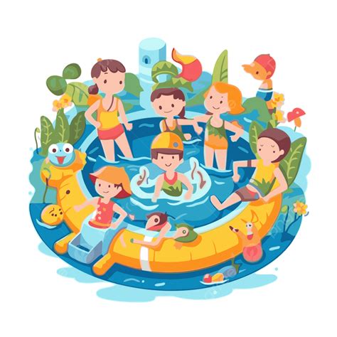 Swim Party Vector Sticker Clipart Cartoon Children Playing On The