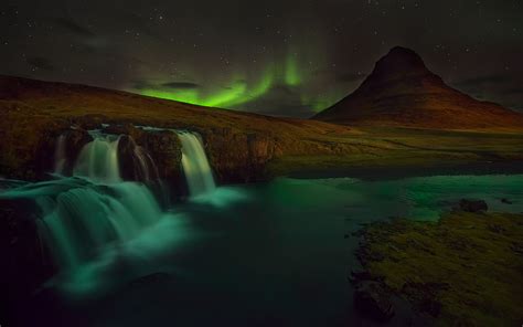 Image Kirkjufell Iceland Aurora Nature Waterfalls Night 1920x1200