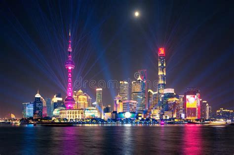 Shanghai Pudong China Skyline Night Moon Stock Image Image Of Asia